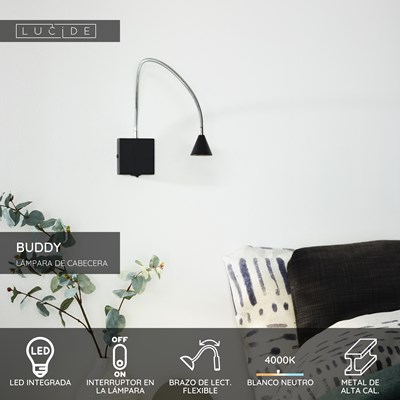 Lucide BUDDY - Lámpara de cabecera / Lámpara de pared - LED - 1x4W 4000K - Negro